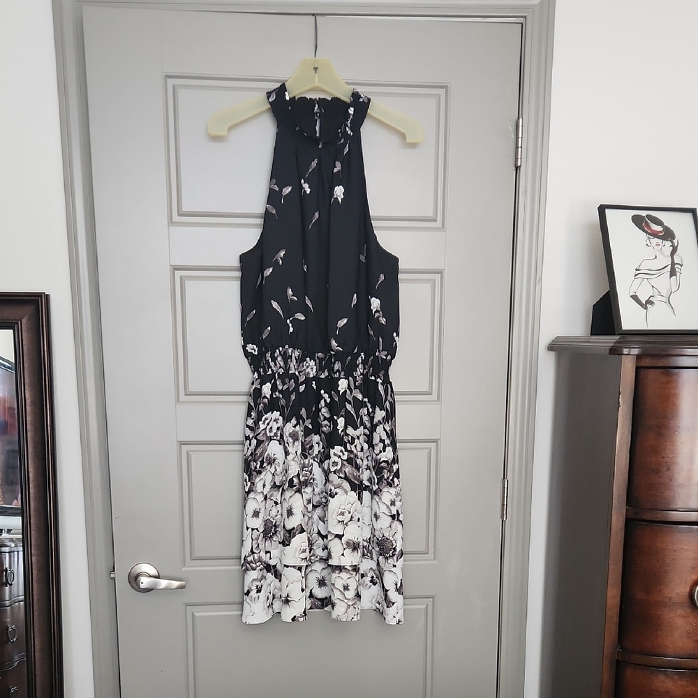 Floral Black and White Sleeveless Dress